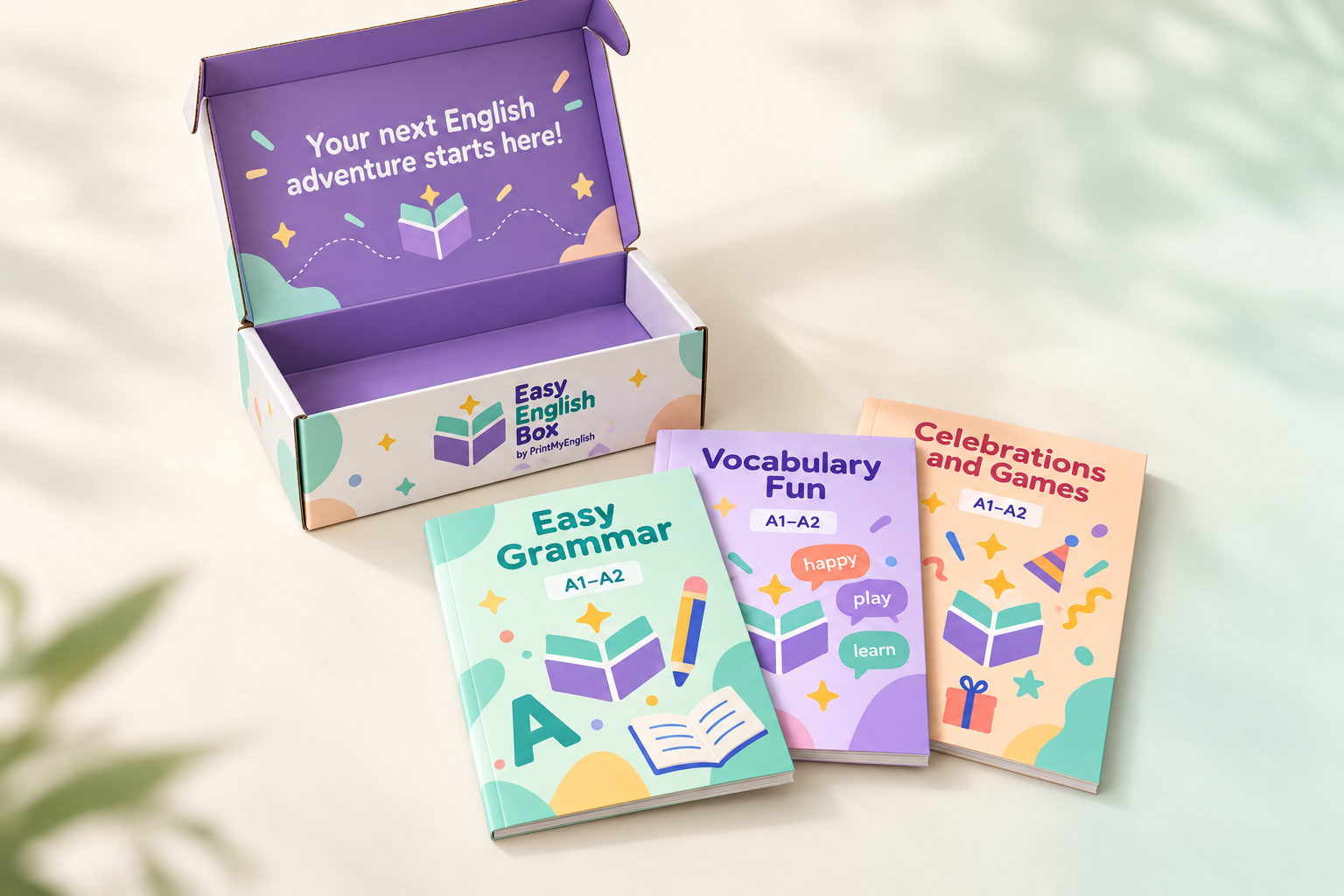Compact open A5 Easy English Box with three matching A5 booklets fanned in front: Easy Grammar, Vocabulary Fun, and Celebrations and Games